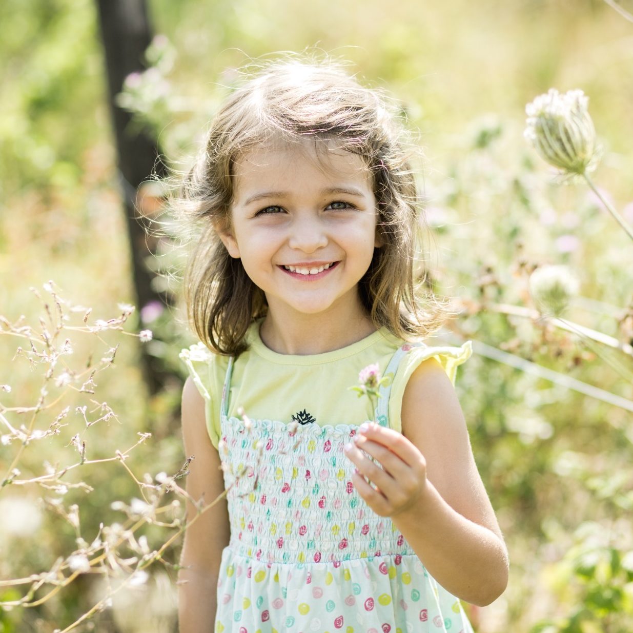 Kinderportrait im Sommer Lächelndes Mädchen in einer Wiese mit Blumen im warmen Sonnenlicht.