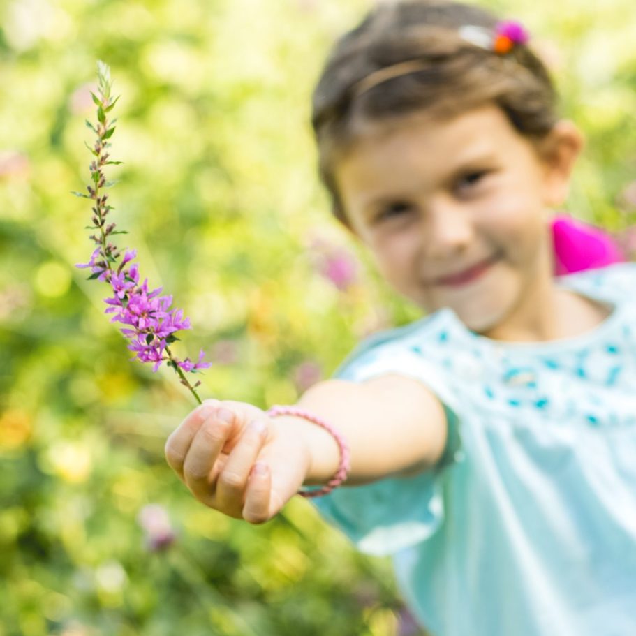 Kind mit lilafarbenen Blume in der Hand Mädchen hält eine Blume in die Kamera in einer grünen Naturumgebung.